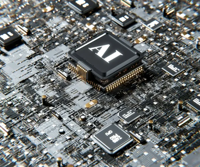 Microchip AI su scheda madre, simbolo dell'intelligenza artificiale generativa