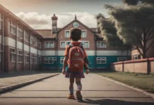 Intelligenza artificiale scuola: guida per genitori e docenti Bambino entra a scuola con zaino, simbolo dell'intelligenza artificiale a scuola