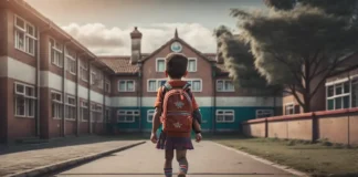 Intelligenza artificiale scuola: guida per genitori e docenti Bambino entra a scuola con zaino, simbolo dell'intelligenza artificiale a scuola