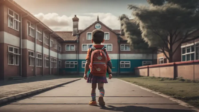 Bambino entra a scuola con zaino, simbolo dell'intelligenza artificiale a scuola