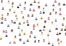 Algoritmi social network: decidono loro al posto tuo? Illustrazione di algoritmi social network tra connessioni tra persone